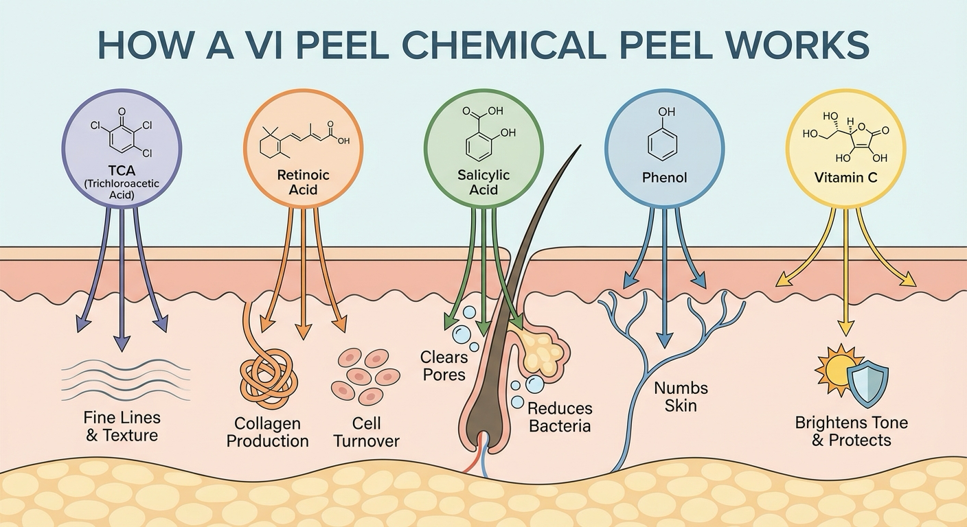 How VI Peel works - synergistic blend of 5 active ingredients
